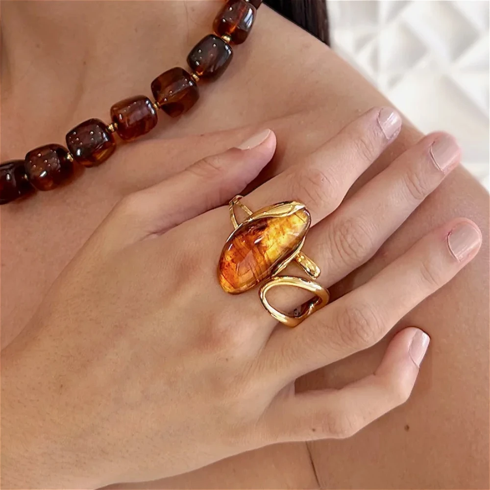 غير النظامية حجر الكهرمان بيان الفولاذ المقاوم للصدأ خواتم للنساء مطلية بالذهب خمر قابل للتعديل فريد هندسية مجوهرات من مادة الراتنج