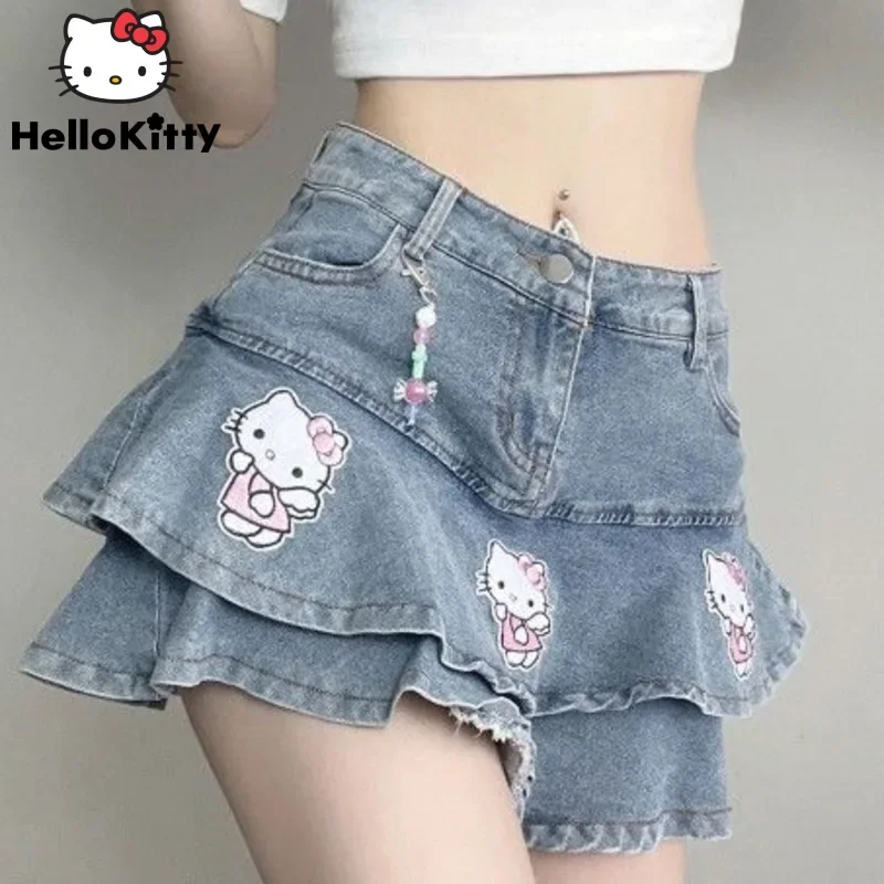 

Женская мини-юбка Hello Kitty Kawaii Y2k, популярная Милая джинсовая плиссированная юбка с принтом для девушек, японская мода, летняя одежда Sanrio 2024