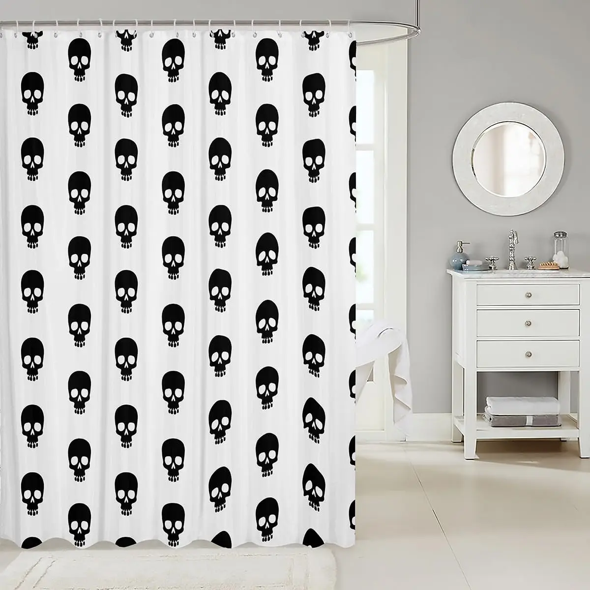 Skull Pattern Shower Curtain Black White Gothic Design Halloween Decor Punk Rock Theme Bathroom Art Bold Graphic Bath Linen