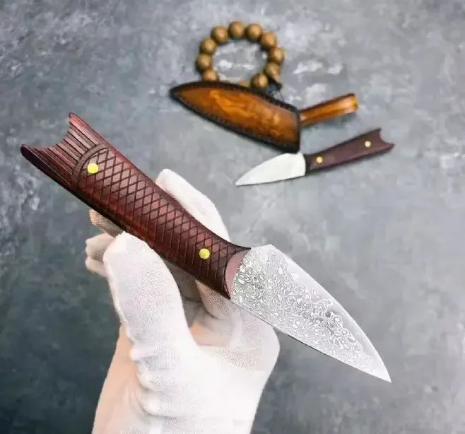 Koi Straight Fixed Blade Knife VG10 Damascus Blade Old Rosewood Handle Tactical Camping Hunting EDC Survival Tool Knives