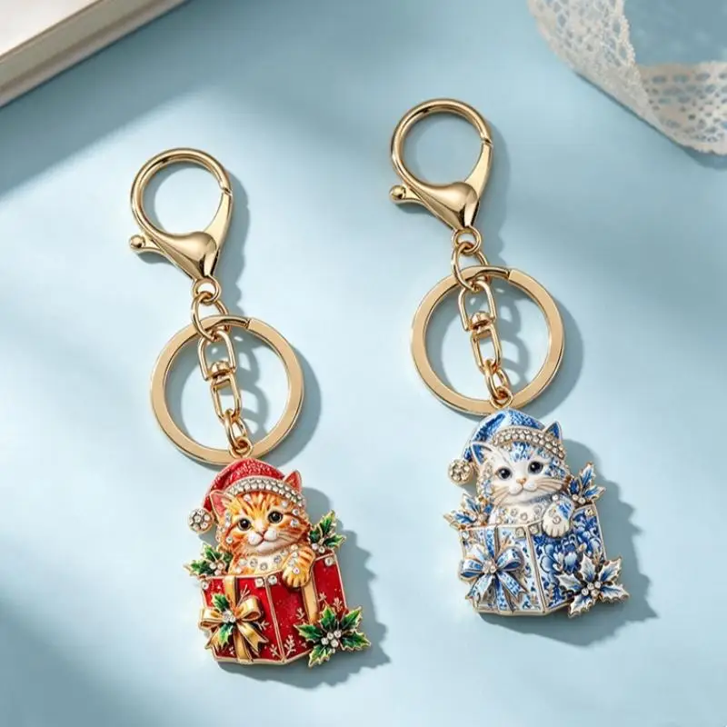 Niedlicher Weihnachtsgeschenk-Box Katzen-Schlüsselanhänger für Frauen und Männer, 2-farbig, Neujahrs-Schlüsselanhänger, modischer Schmuck, Geschenke – Detail 4