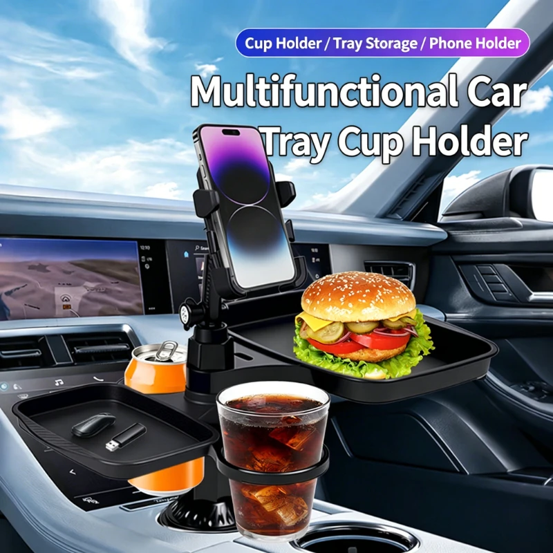 

Multifunctional Car Cup Holder Tray, 360° Rotatable Food Table Phone Stand, Adjustable Universal Vehicle Drink Holder Organizer