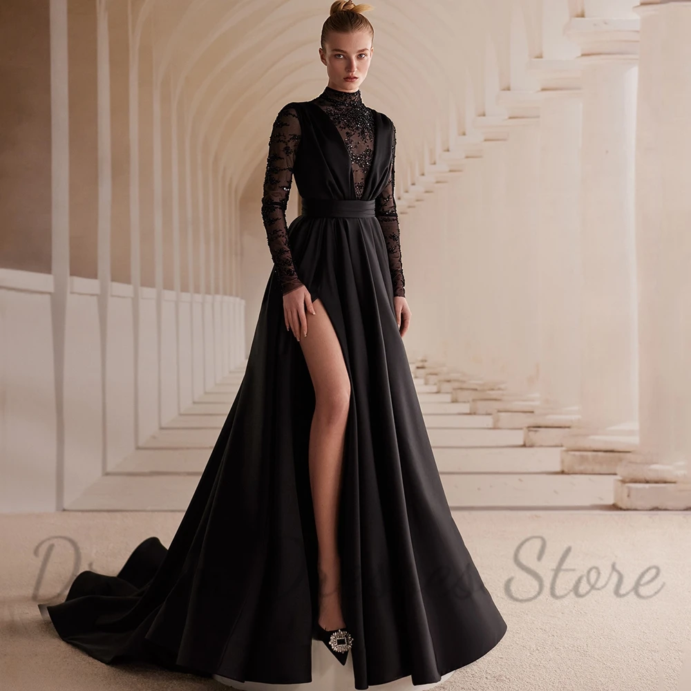 Moderne maßge schneiderte A-Linie Abendkleid High Neck Illusion lange Ärmel mit Falten sexy Seitens chlitz Frauen Ballkleider boden lang