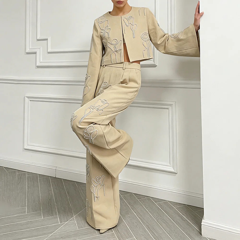 TWOTWINSTYLE Khaki Spliced Beading Two Piece Set Female O Neck Long Sleeve Jacket Light Luxury Women's Trousers Set Autumn New