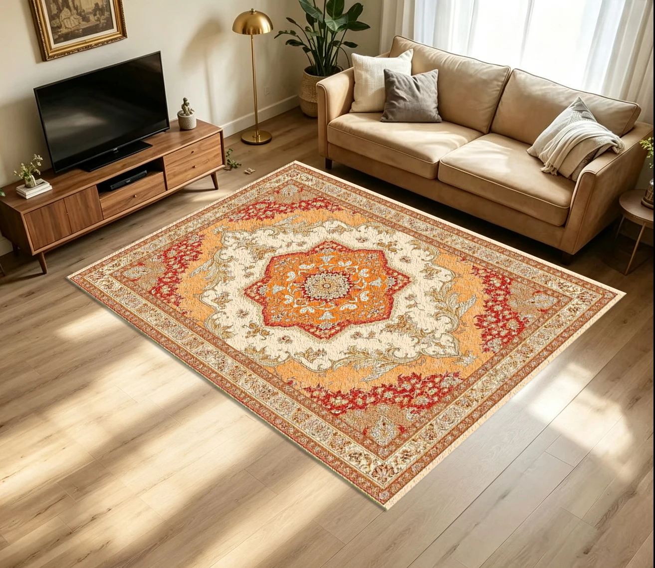Classic Oriental Medallion Carpet Flooring Vintage Orange Red Floral Border Ornate Printed Floor Rug for Household Indoor Living Room Home Retro Decor
