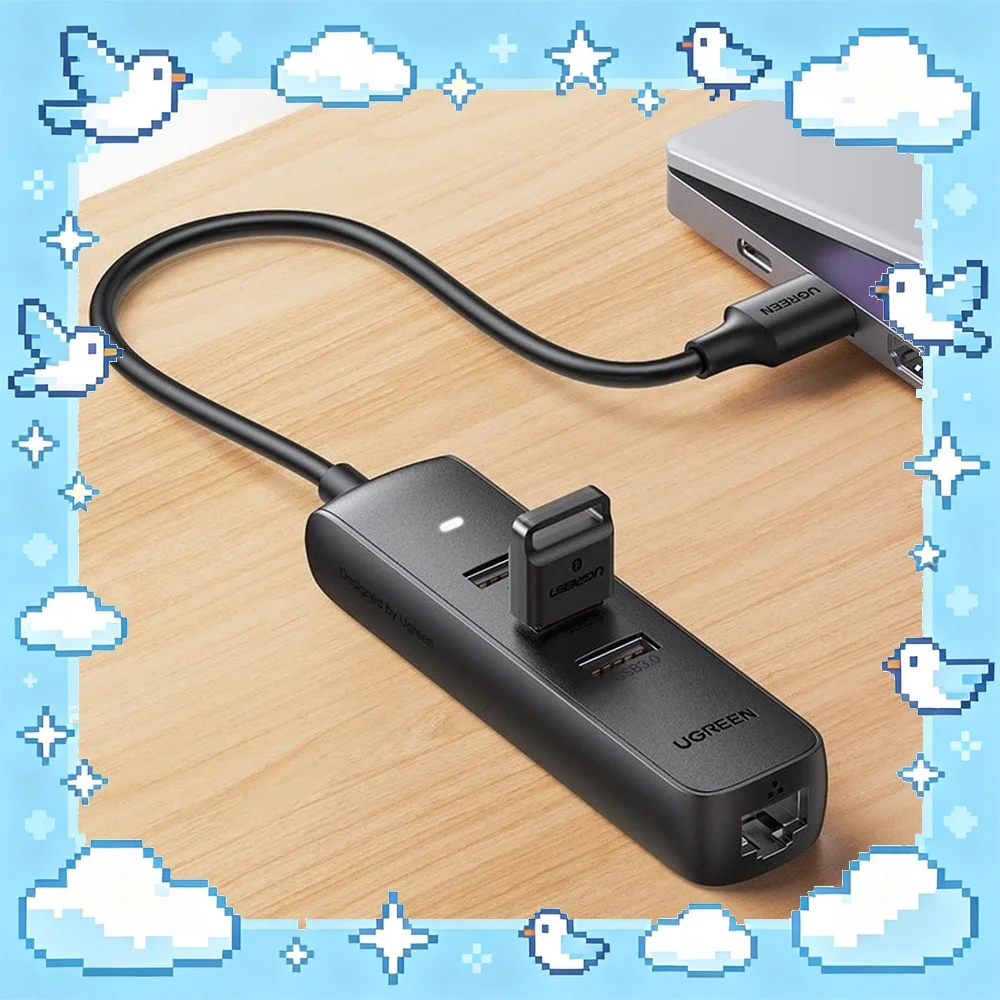 UGREEN 20984 CM416 USB 2.0 Hub with 3 USB Ports 100Mbps Ethernet RJ45 USB-C Auxiliary Power Input Black