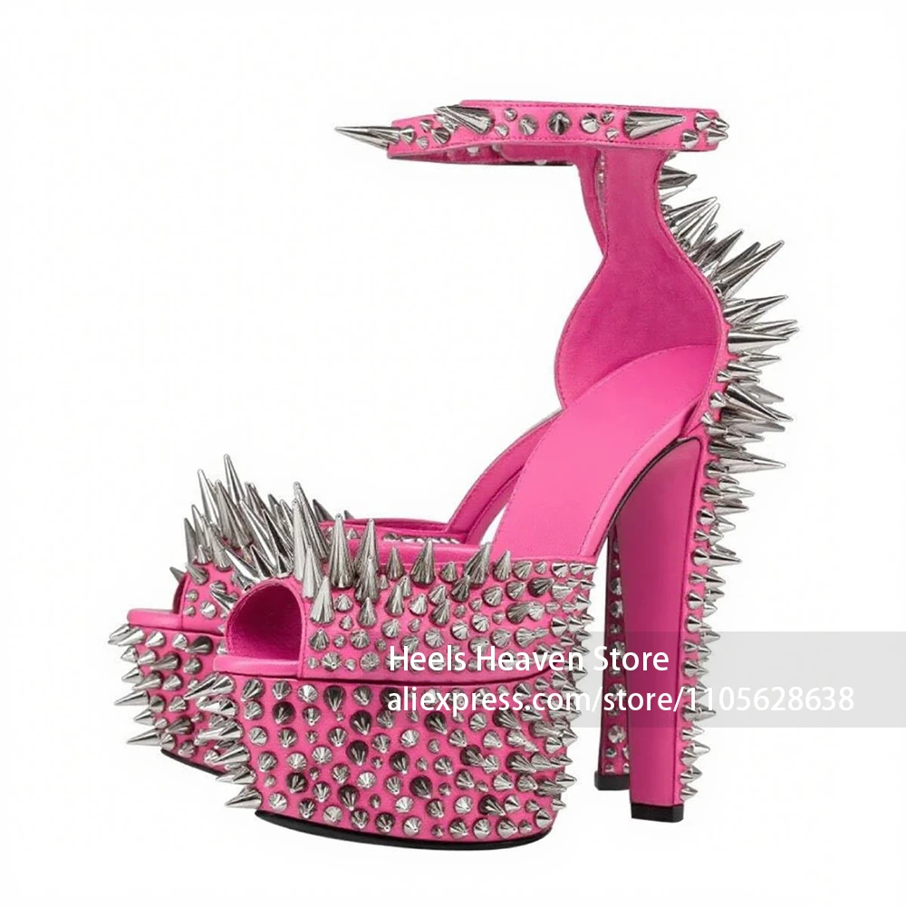 Thick Platform Sole Rhinestone Studded High Heel Sandals Bright Faux Leather Upper Spiked Platform Stiletto Sandals for Women