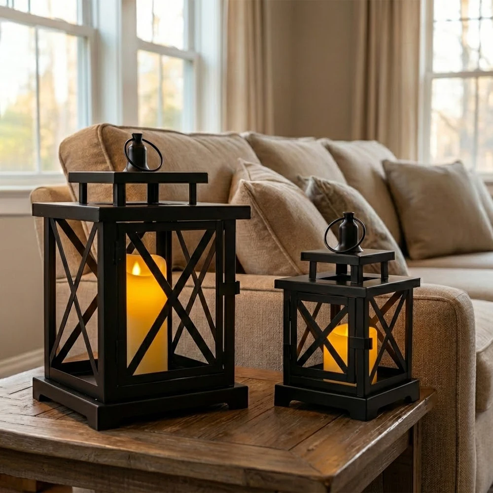 Black Decorative Lantern Set of 2 with Moving Wick LED Candles,