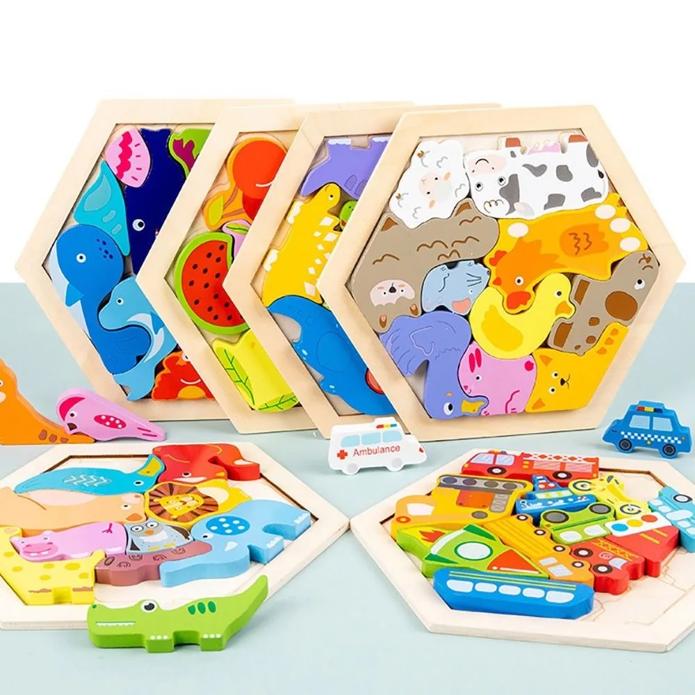 

Cartoon Pattern Wooden Jigsaw Puzzle Wooden Stereoscopic 3D Puzzle Hexagonal Pallet Intelligence Development Learning Jigsaw