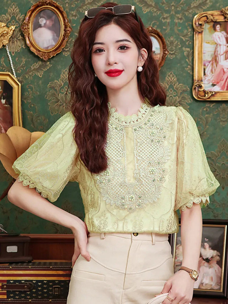 New Summer Vintage Lace Spliced Beaded Shirt For Women Short Puff Sleeve Embroidery Elegant Women Tops Female Clothing