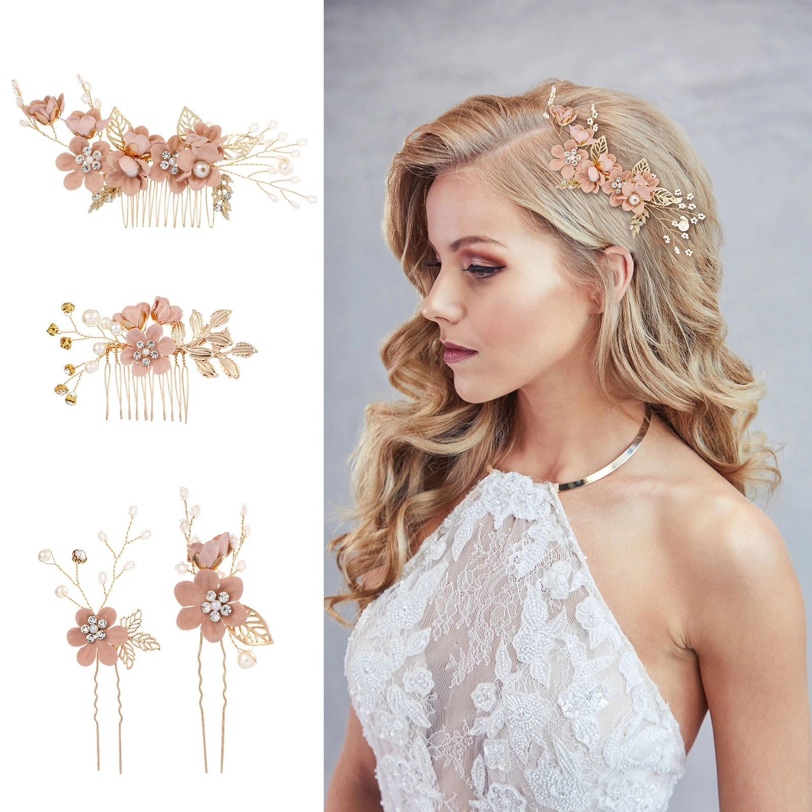

4 Pcs Hair Comb Set Pearl Rhinestone Wedding Accessories for Bridesmaids Girls Floral Party Decoration Hairpins