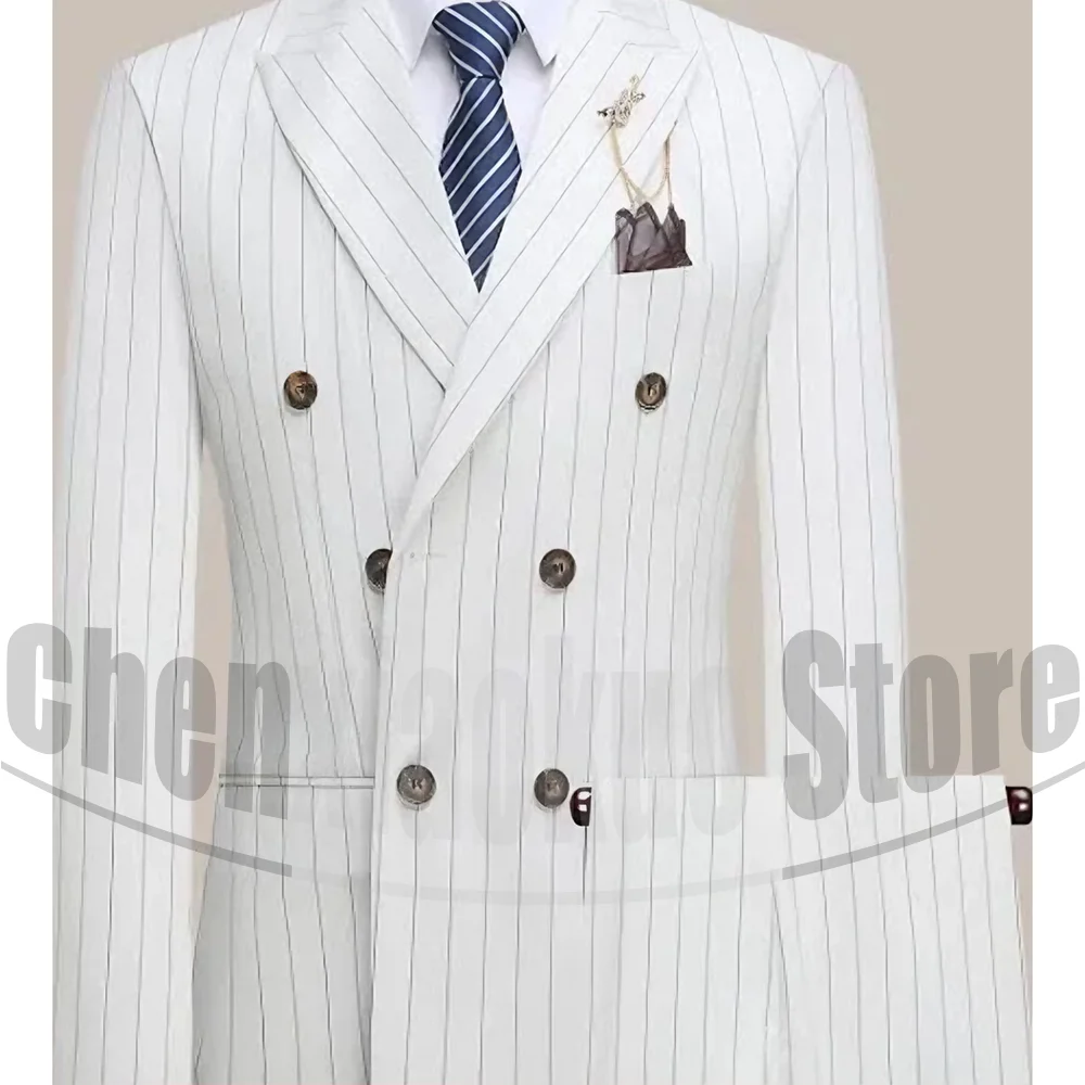 

Men's White Striped Double Breasted Suit Set Fashion Peak Lapel Office Business Wear 2 Piece Formal Slim Wedding Party Suits
