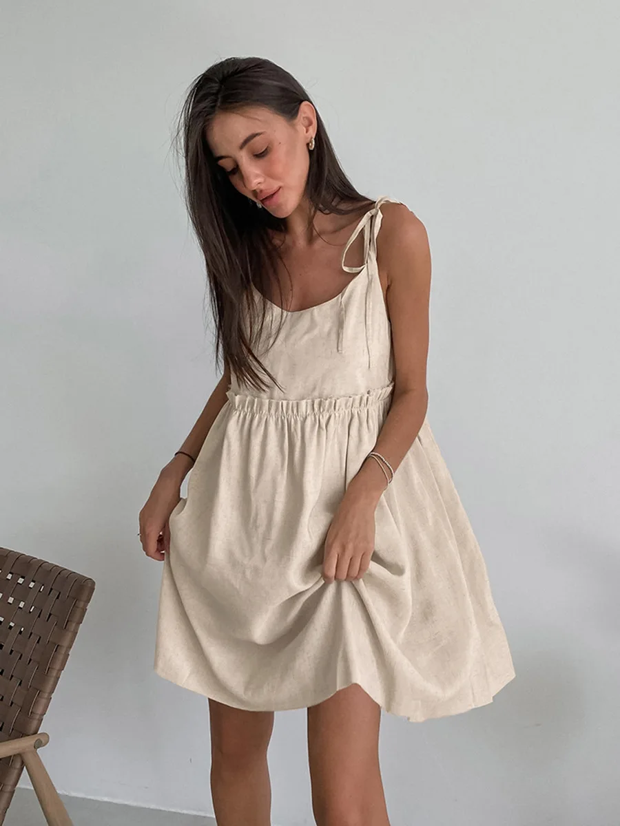 

Sexy and hot girl's suspender dress, loose cotton and linen A-line skirt pullover