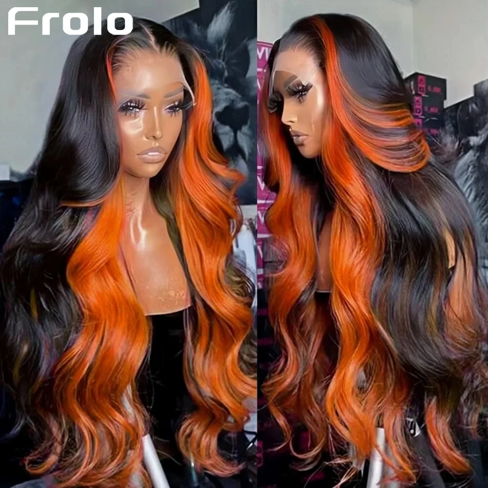 Perruque Lace HD 13x6 en cheveux humains, couleur gingembre, ondulée, ombrée, densité 250