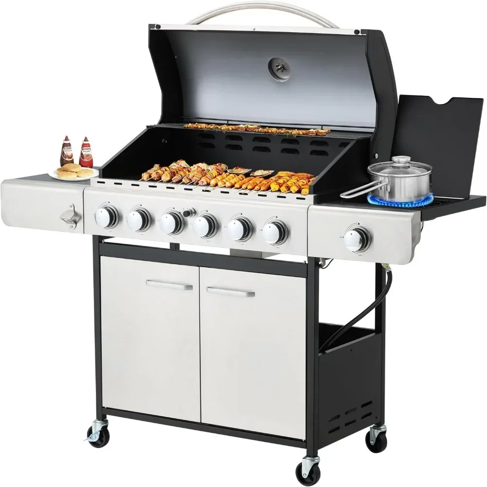 6 Burner BBQ Propane Gas Grill, 58,000 BTU Stainless Steel Patio Garden Barbecue Grill with Stove and Side Table,Barbecue Grills