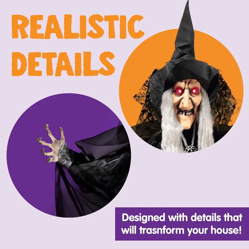 47'' Animated Witch Halloween Decorations Outdoor Indoor Scary Halloween Animatronics Decor, Hanging Ghost Talking Sound Activated Led Lights Eyes Haunted House Yard Garden Lawn view 4