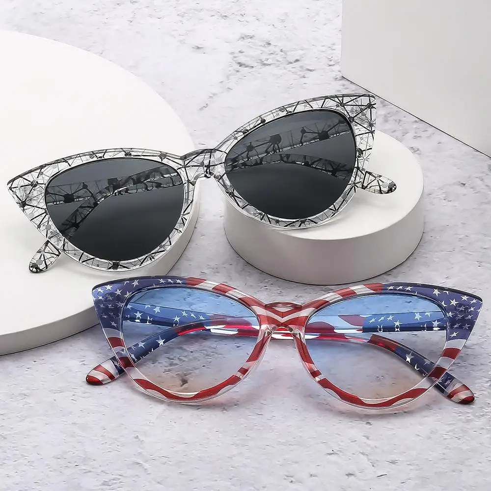 Triangular American Flag Sunglasses Novelty UV400 Protection Cat Eye Eyewear Influencer-Style Printed Shades for Women & Men