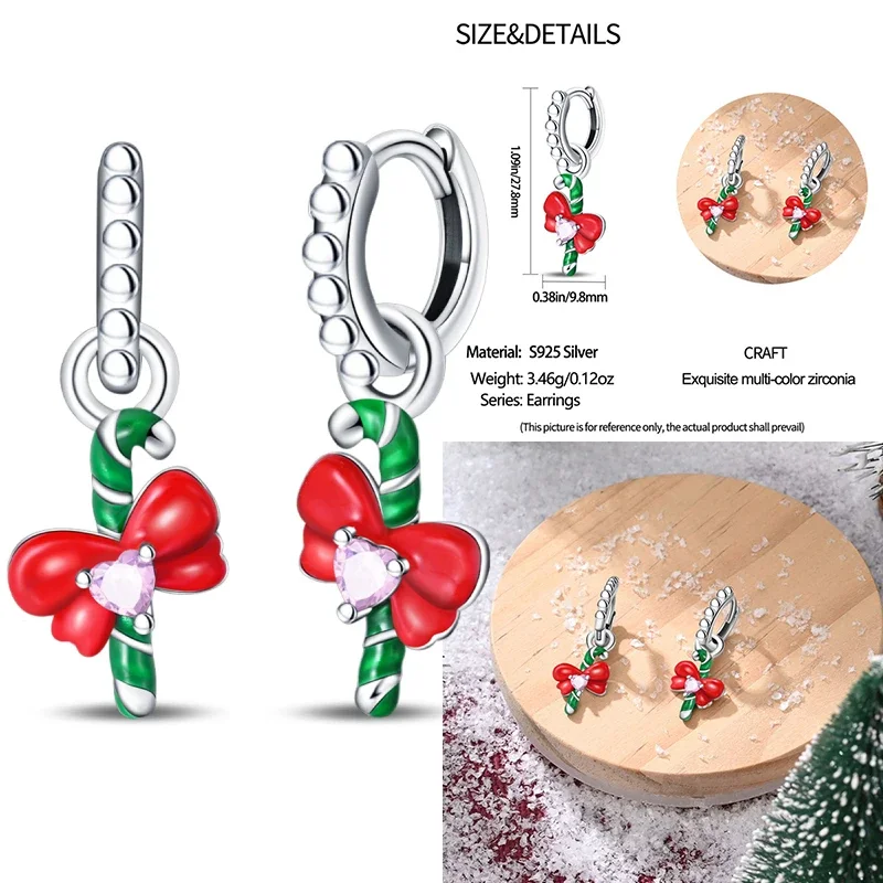 2024 New Christmas 925 Sterling Silver Christmas Cane Wreath Bell Snowflake Tree Bow Earrings for Women Creative Jewelry Gifts