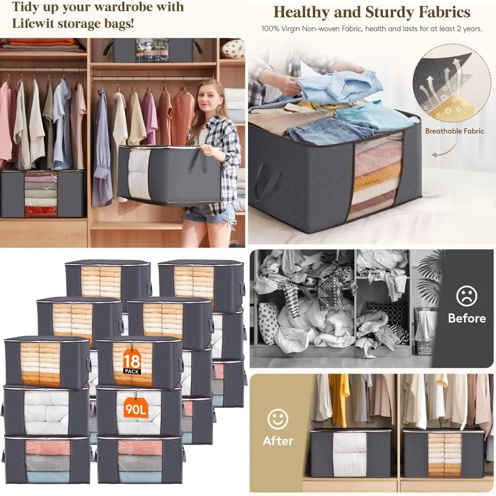 

Набор из 18 больших сумок для хранения одежды, одеял, пледов, постельного белья — складные, с прочной молнией, прозрачные, 90 л, серые