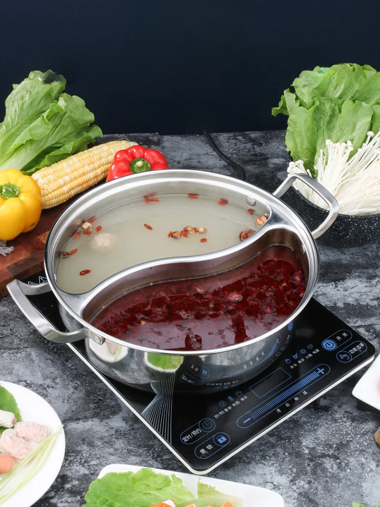 304 Stainless Steel Double-flavor Hot Pot with Lid Thickened Double Ear Soup Pot Household Induction Cooker Double Flavor HotPot