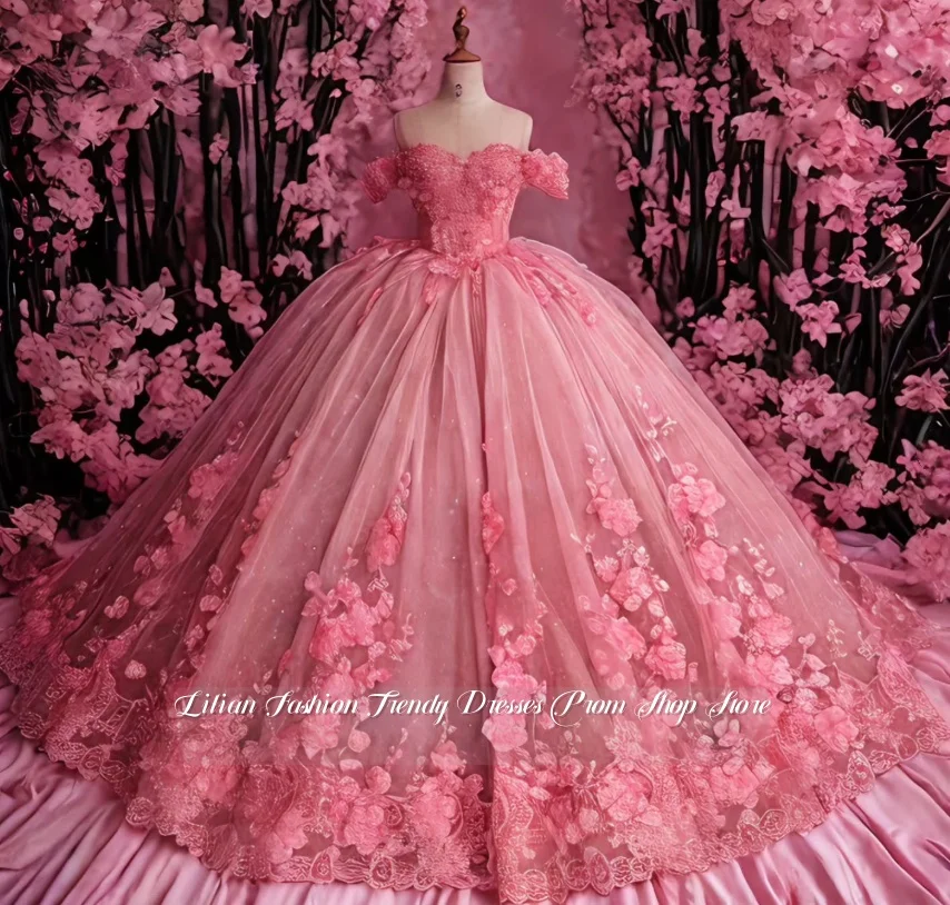 Custom Princess Quinceañera Gown Crystal Appliqué Beaded Corset 3D Floral Vestidos De 15 Quinceañera Sweet 15 Prom Dress