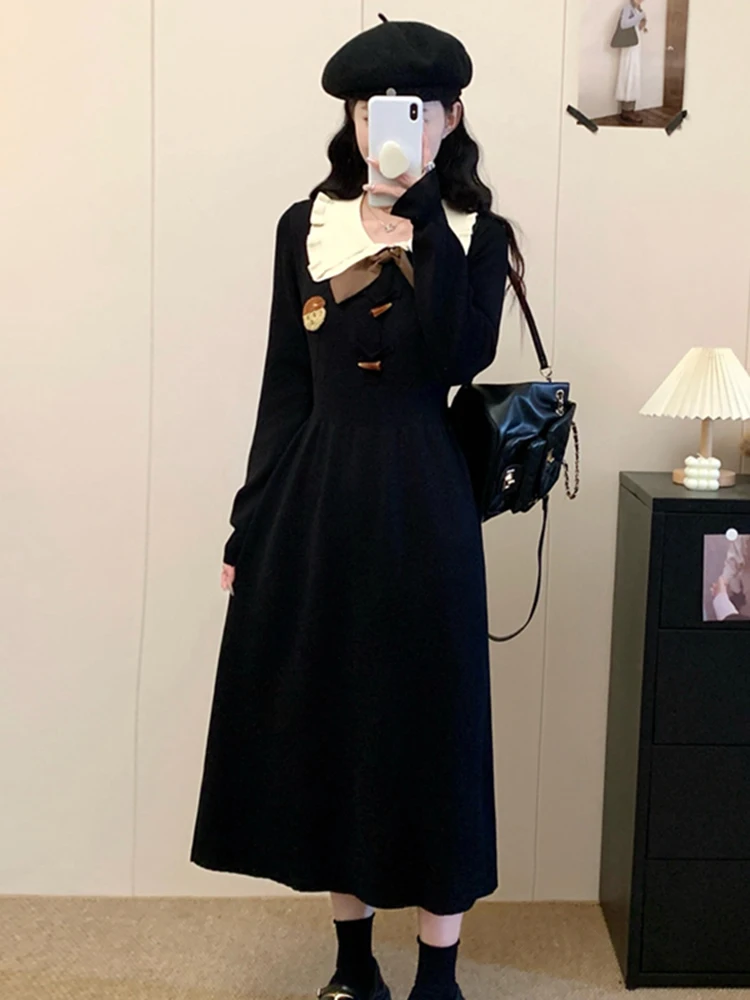 فستان نسائي كاجوال لربيع 2026 بأكمام طويلة وياقة دمية، تصميم نحيف على شكل حرف A، تنورة ضيقة متوسطة الطول أنيقة