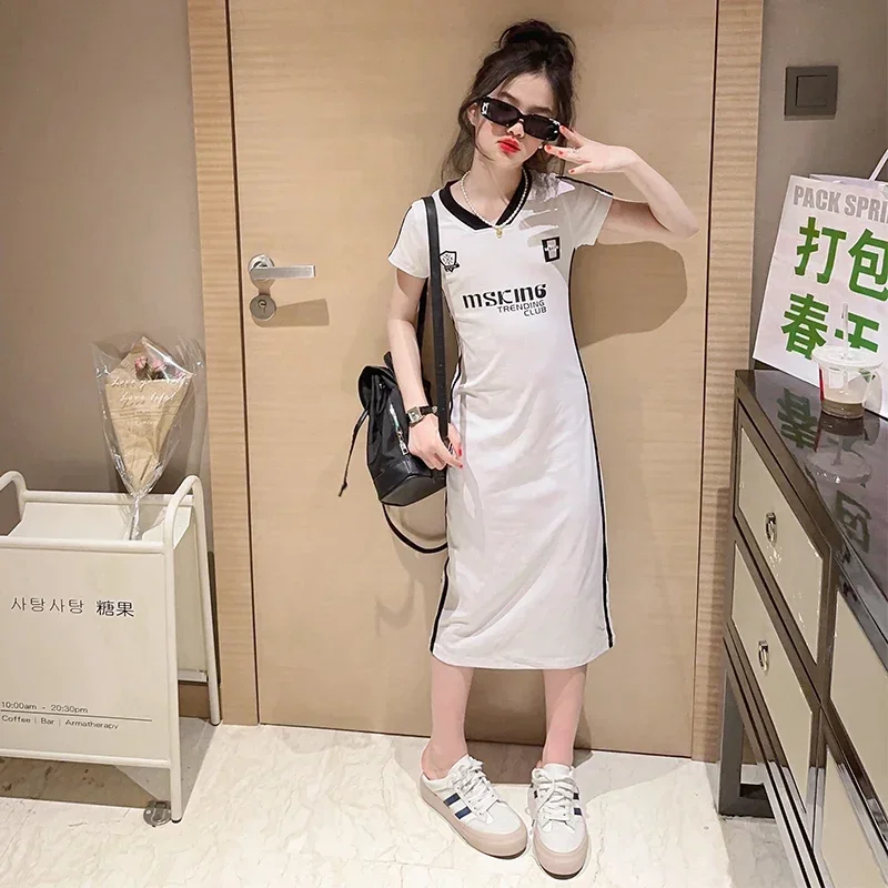 Trend Childrens dresses Girls Dress Short Sleeve Skinny Long Dresses Side striped Casual Dress Girls Kids Clothes one-piece Suit