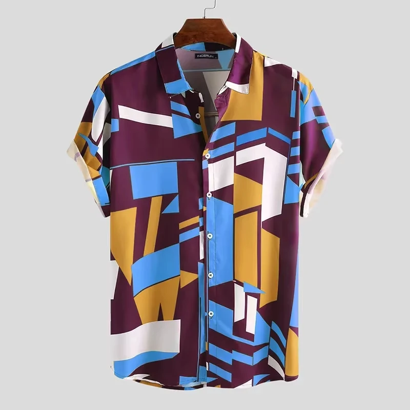 

​​Coastal Breeze Shirt 2024 Men's Stripe Print Single Breasted Oversized Short Sleeve Hawaiian Resort Ready Buttons Style​