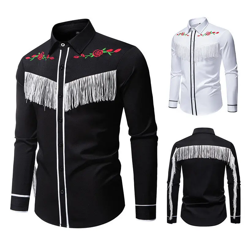 Male Retro Casual Over Size Tassels Shirts Trendy Men 2025 Four Seasons Wear Costume Rose Embroidered Flower Long Sleeve Shirt