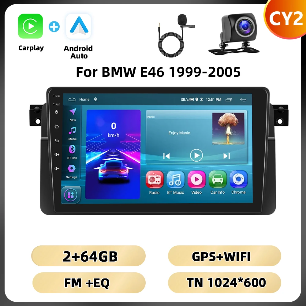 Podofo Carplay Android Auto Radio Voor Bmw E46 1999-2005 Multimedia Speler 8 128G 4G Wifi Ai Voice Spiegel Link Rds Autoradio