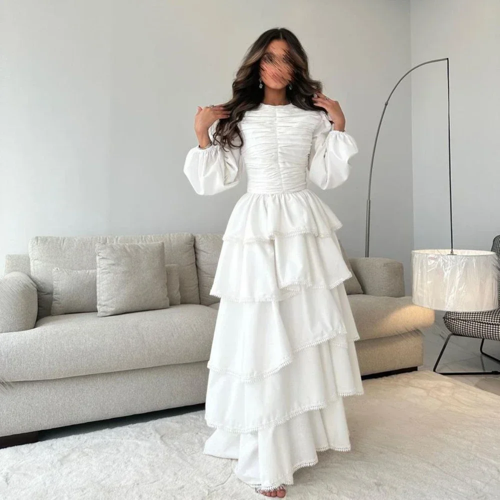 

Customized Prom Dresses Women Simple Jewel Ball Gown Floor length Evening Party Lace Shirred Layered Satin Formal Occasion vest