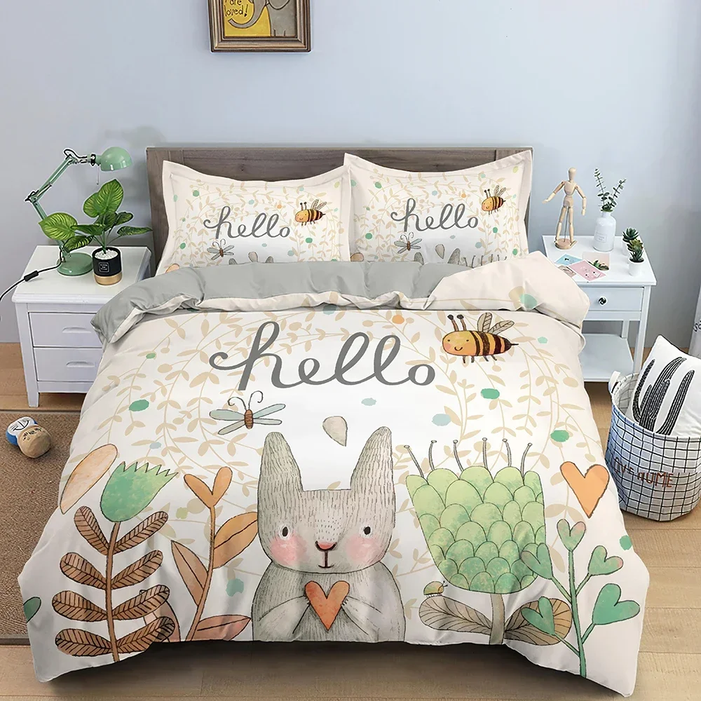 Cartoon Rabbit Bunny Bedding Set for Kids Girl Women Polyester Duvet Cover Quilt Cover with Pillowcase Polyester Comforter Cover