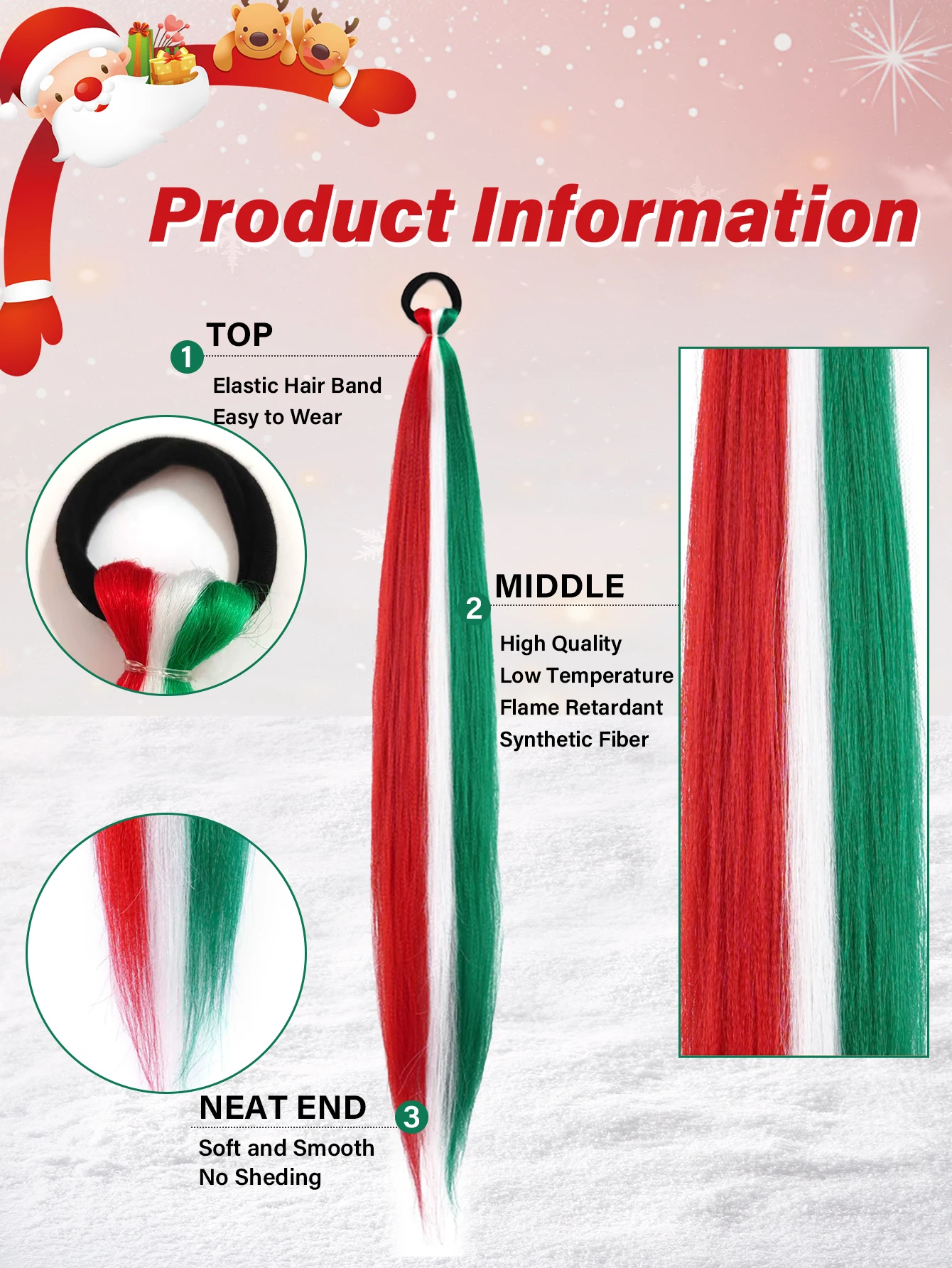 عيد الميلاد تجديل وصلات شعر أحمر أخضر خطوط الشعر الاصطناعية لصندوق الضفائر الكروشيه الضفائر عطلة حزب إكسسوارات الشعر #4