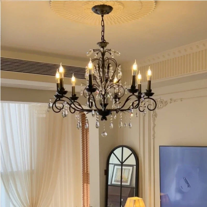 Vintage black crystal candle chandelier European style medieval living room bedroom atmosphere high