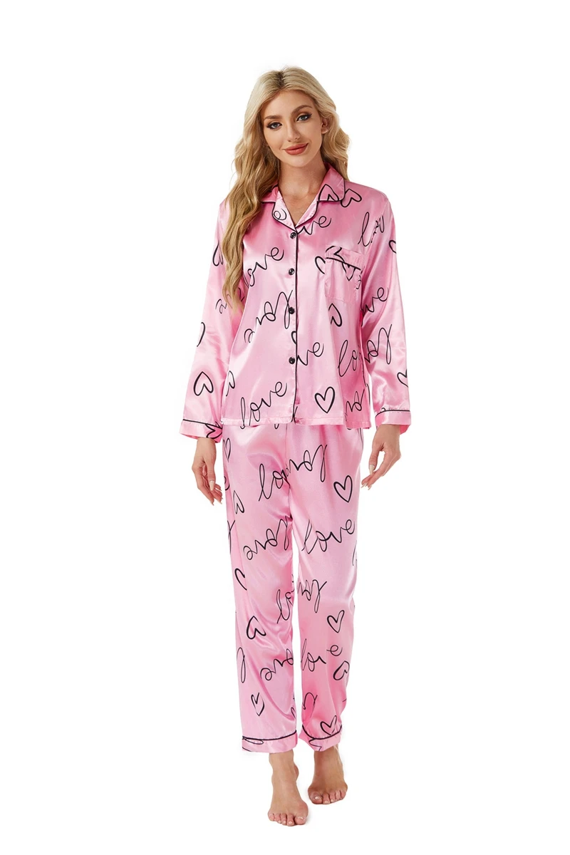 

Атласный пижамный комплект с буквенным принтом, топ с длинными рукавами и лацканами и длинные брюки для повседневного ношения, женская уютная домашняя одежда, одежда для сна