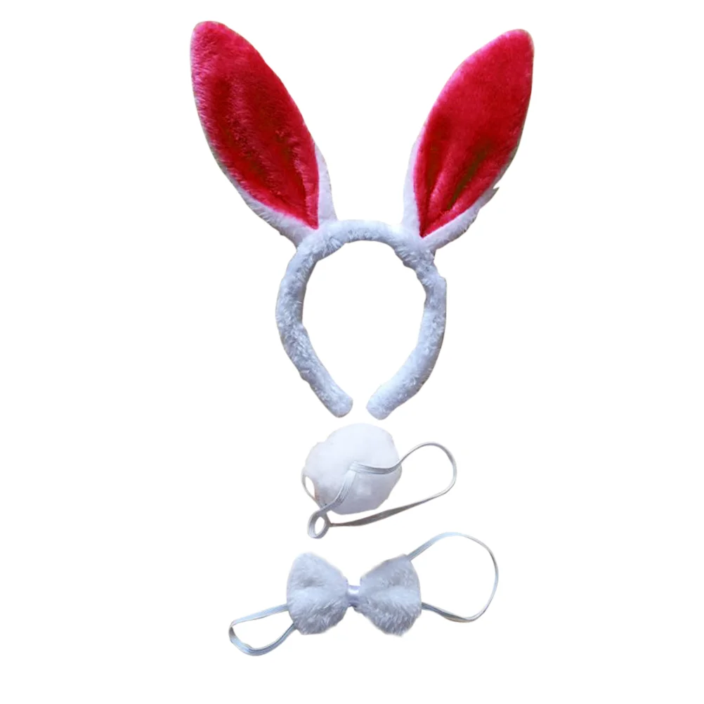 3Pcs Kids Adult Rabbit Bunny Ears Headband Bow Ties Tail Set Party Cosplay Costume (White & Red) bunny cosplay set