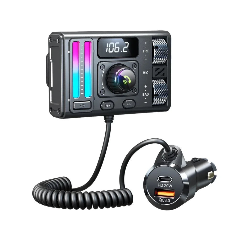 MT02 Wireless Bluetooth 5.3 FM Transmitter Treble Bass Sound Effects QC3.0+PD 20w Fast Charge DSP Noise Reduction Car MP3 Player