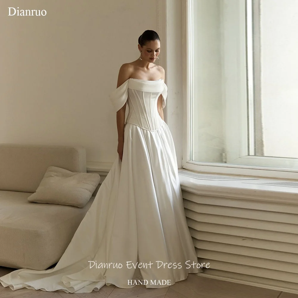 

Dianruo A Line Minimalist & Modern Wedding Dress Pleated Satin Vestido De Noiva Off Shoulder Bridal Evening Dress Customized