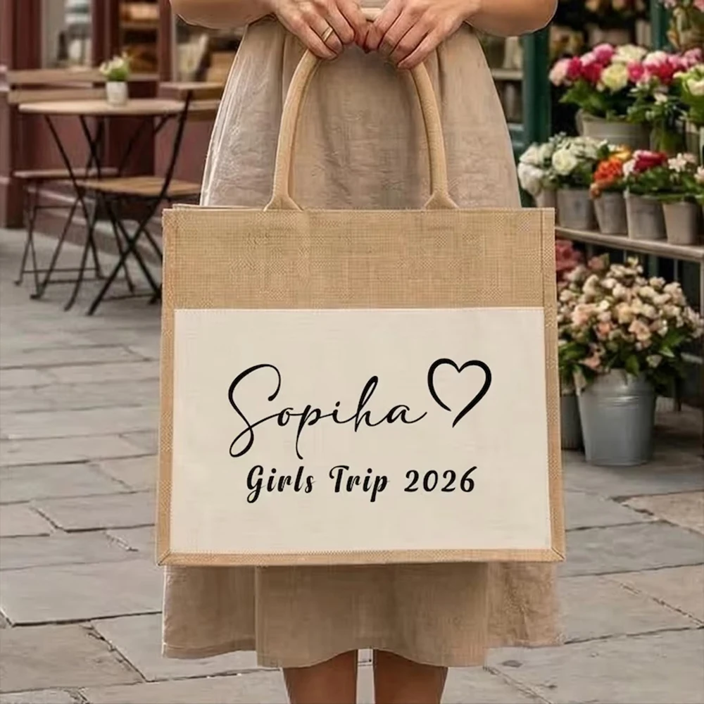 

Personalized Girls Trip Tote Bag Practical Jute Handbag Custom Name Travel Gift College Roommate Dorm Vacation Beach