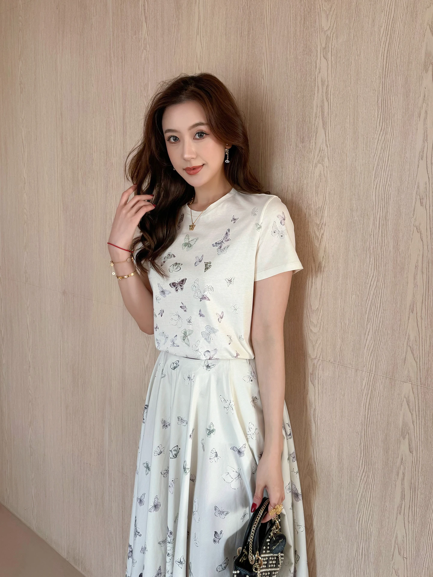 

Spring New Gentle Print Short Sleeve T-Shirt High Waist Slim A-Line Skirt Set Women's Fashion Casual Wear