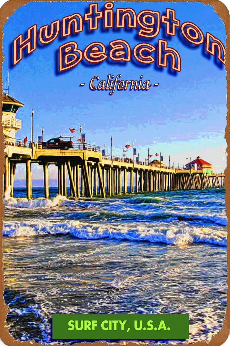 Muroanmi Tin Sign Huntington Beach Pier Surf California United States Travel Advertisement Print Retro Wall Metal Poster 12X16In