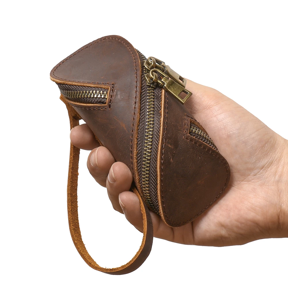 LUOKIR Creative Top Layer Leather Key Bag Pure Crazy Horse Cowhide Carry Mini Pouch Zipper Car Key Coin Purse