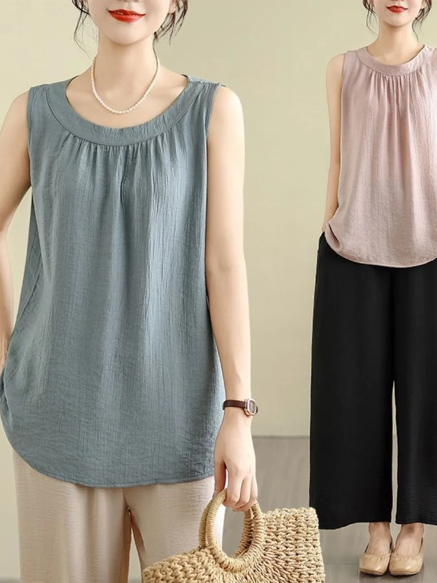 linen-plus-size-women's-summer-new-vintage-tank-top-strap-pure-color-loose-thin-two-piece-set-base-layer-clothing-accessory