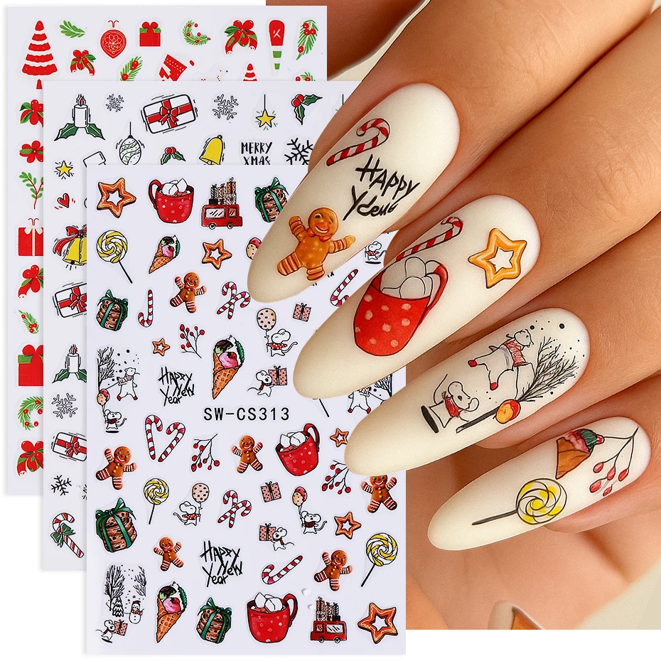 3pcs Cartoon Christmas Nail Stickers Self-Adhesive Gingerbread Snowflake Bell Nail Decals Christmas Stocking Gift Manicure Decor