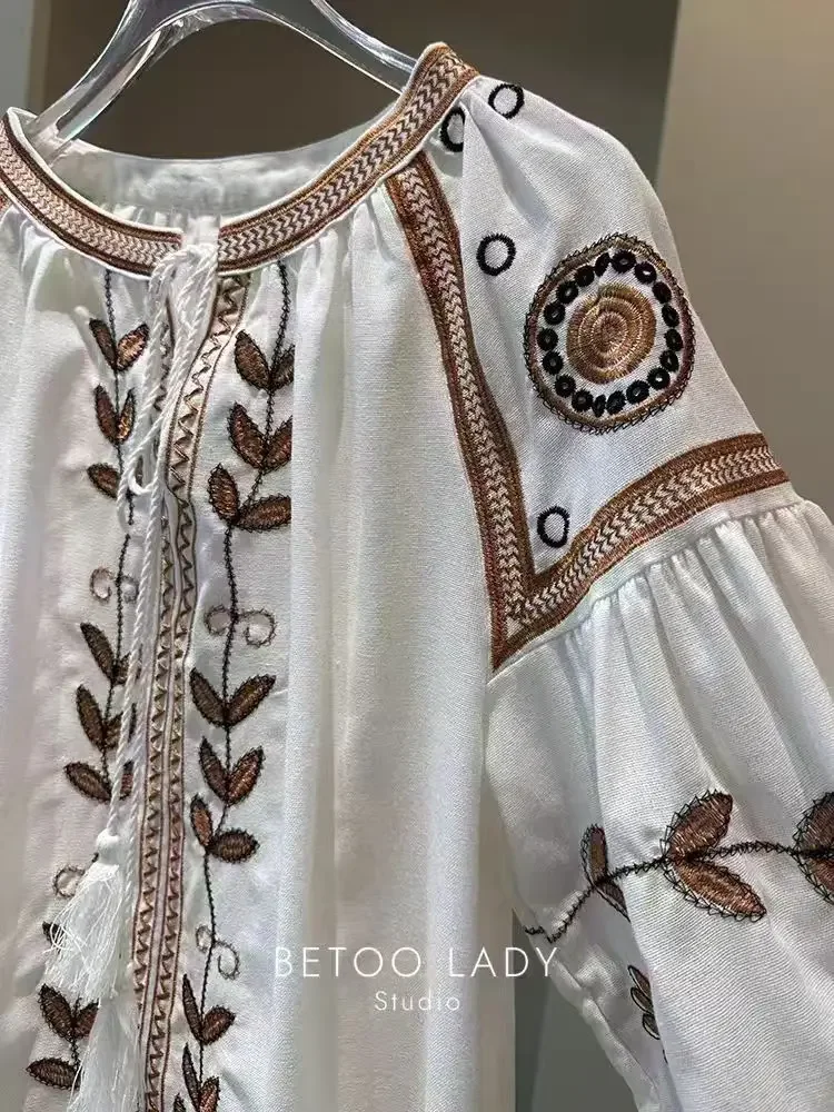 Neue Herbst Stickerei Baumwolle Len Shirts und Bluse frauen Laterne Hülse Top Blusas Frauen Kleidung
