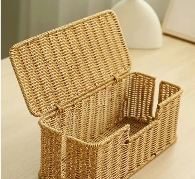 1pcs Vine woven desktop junction box, socket plug, power cord sorting and storage box, charger wire storage