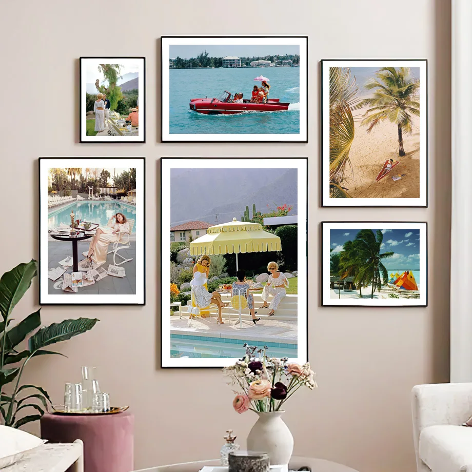 Tropical Beach Poster Palm Spring Swimming Pool Retro Umbrella Wall Art Fresco Northern European Home Decoration Picture Cuadros