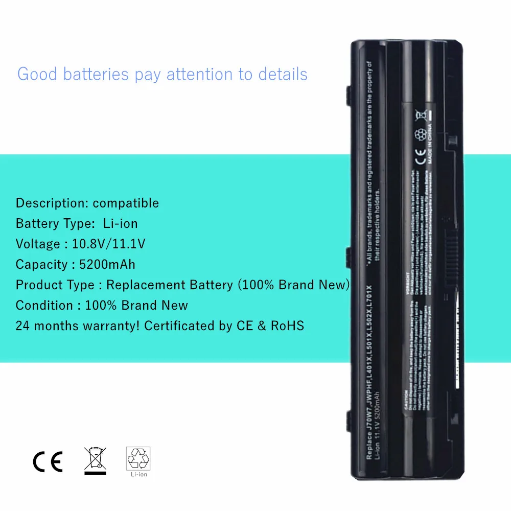 6 Cells Laptop Battery For Dell XPS L401x L501x L502x L701x L702x L721x J70W7 JWPHF R795X WHXY3 R4CN5