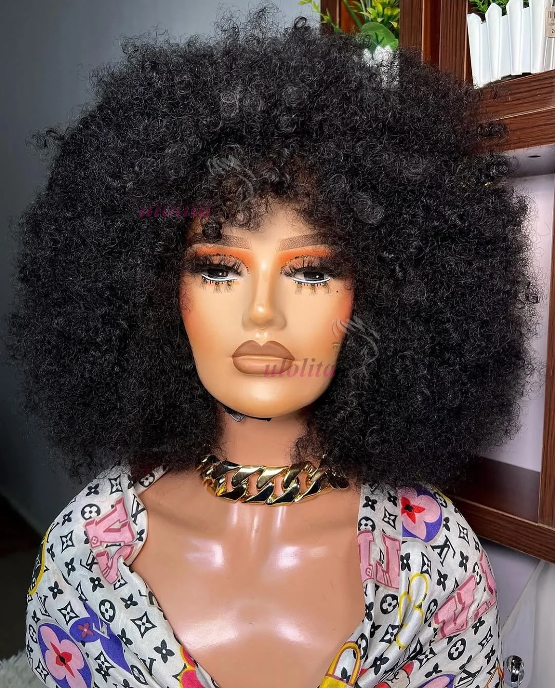 Mongolische Afro-Kinky-Curly-Perücke aus 100% Echthaar, flauschig, voluminös, maschinell gefertigt, hochwertige Perücke für schwarze Frauen, für den täglichen Gebrauch. – Detail 5