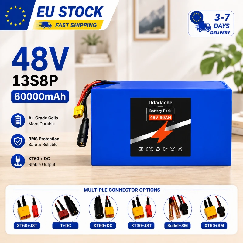 48V 60Ah Lithium-Akkupack 13S8P 18650 Wiederaufladbarer Li-Ionen-Akku Smart BMS XT60 DC-Anschluss EU-Lager Schneller Versand für E-Bike Elektroroller Solarenergiespeicher Wohnmobil Camping